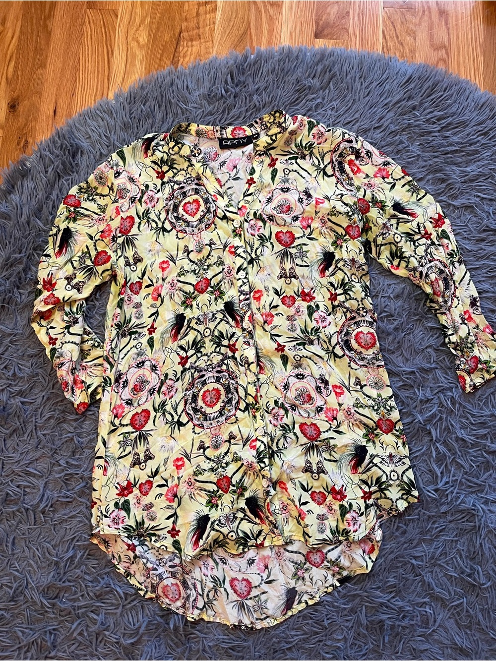 APNY Light Green Floral Heart Print Button-Up Tunic Shirt Size XS